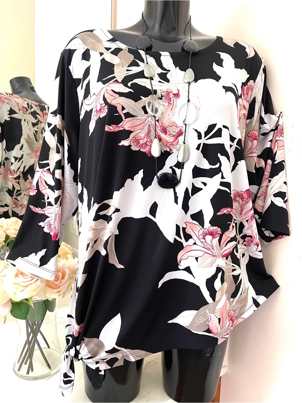 CHICO’S Black Floral Tunic Top SIZE 3 Women’s Shirt Blouse Plus Size Chico